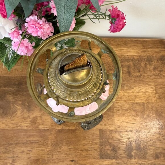 Vintage Pink Milk Glass Oil Lamp with Yellow Rose Relief and Ornate Brass Base V - Picture 5 of 6